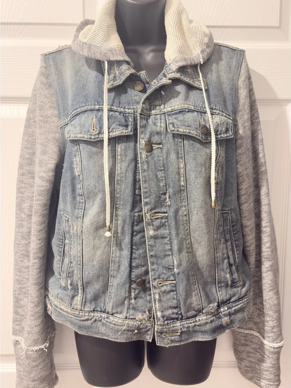 Anthropologie  Mixed Media Denim Jacket SZ Large  Button Front Detachable Hoodie